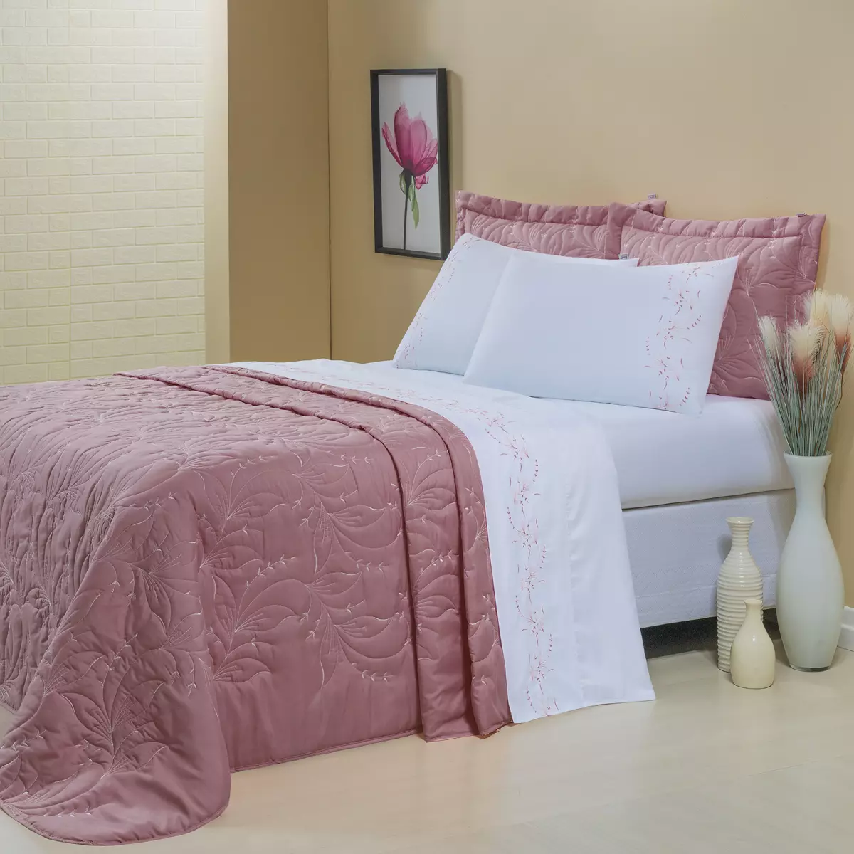 COBRE LEITO CASAL SINTONIA 03 PEÇAS - 200 FIOS - BORDADO foto adicional 2