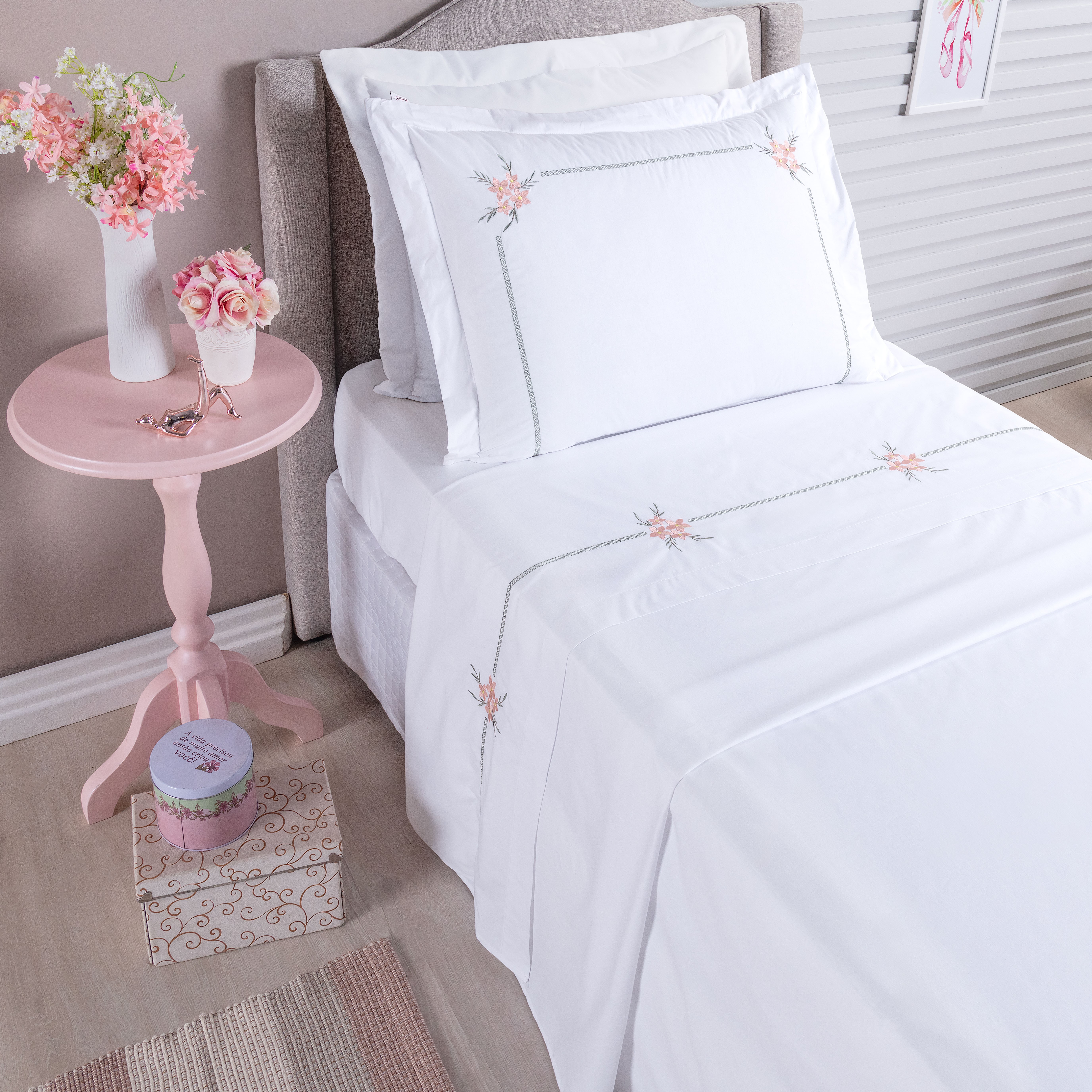 JOGO DE CAMA SOLTEIRO BEM - ME - QUER 3 PEÇAS - BORDADO - PERCAL 230 FIOS  PURO ALGODÃO foto adicional 4